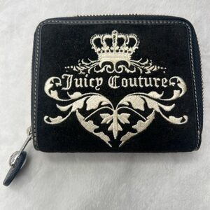 Juicy Couture Black Velvet Zip-Around Wallet with Cream Crest Embroidery